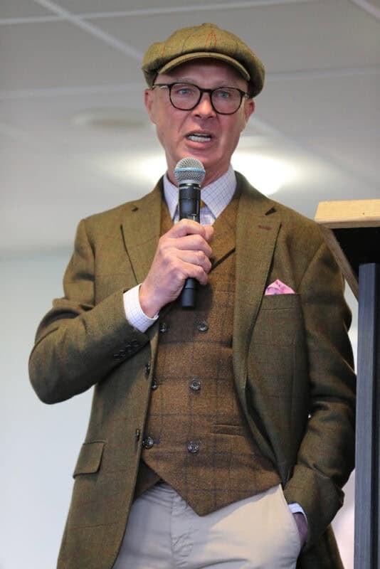Luke Harvey speaking to owners during Hambleton Racing’s Doncaster Owners Day