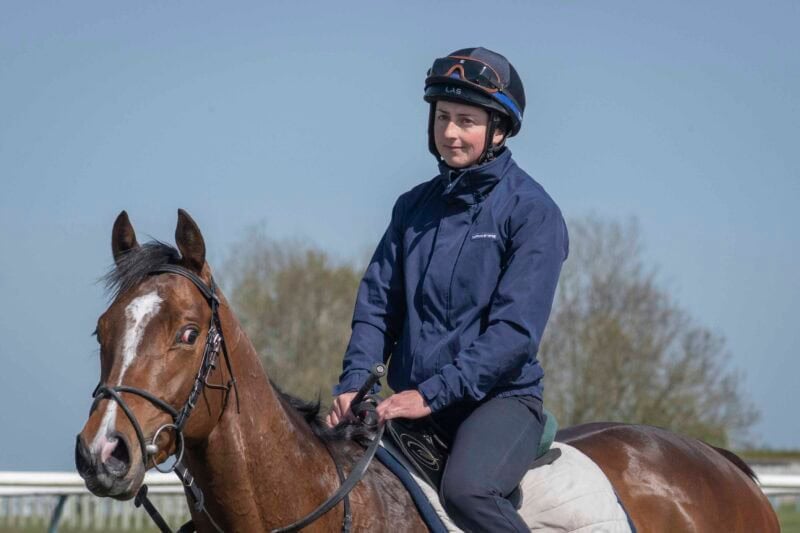 A racehorse returning from exercise.