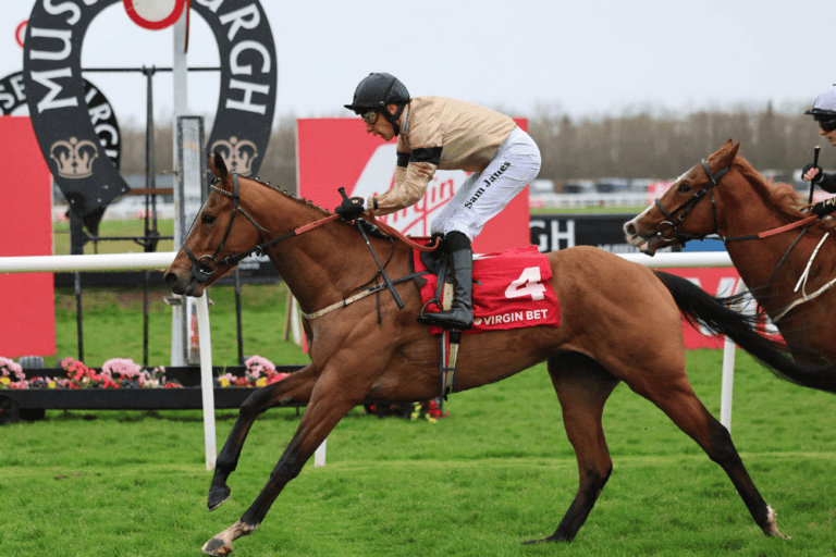Sam James winning for Hambleton Racing on a racehorse at Musselburgh racecourse.